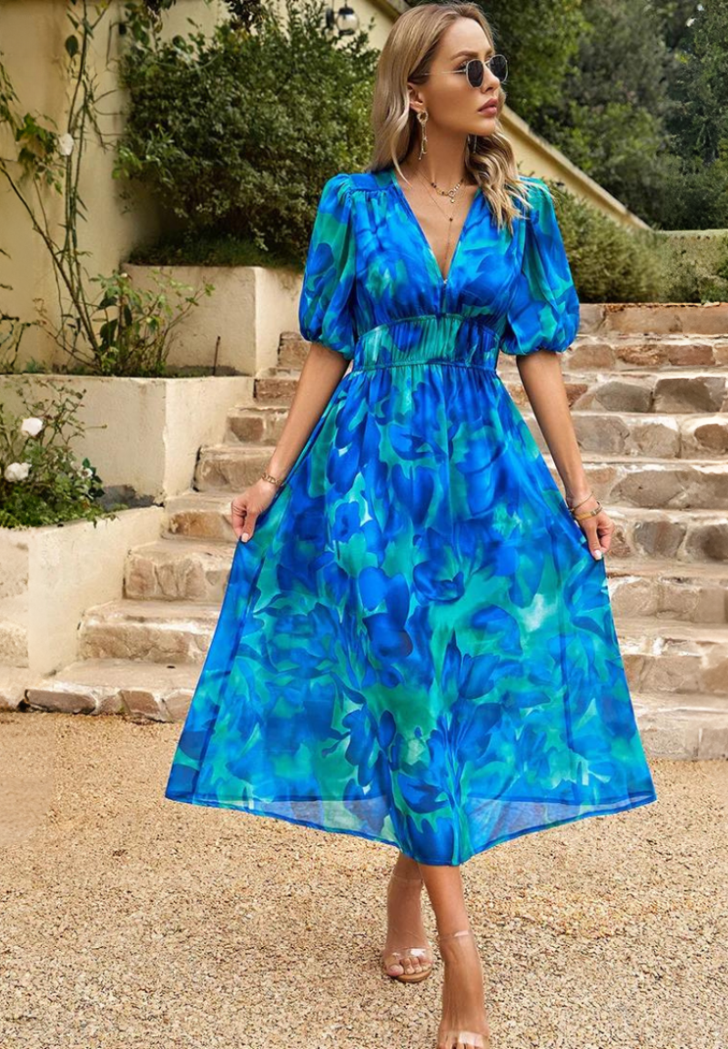 Aroa | Vestido Midi de Invitada Estampado Floral Mujer Escote V