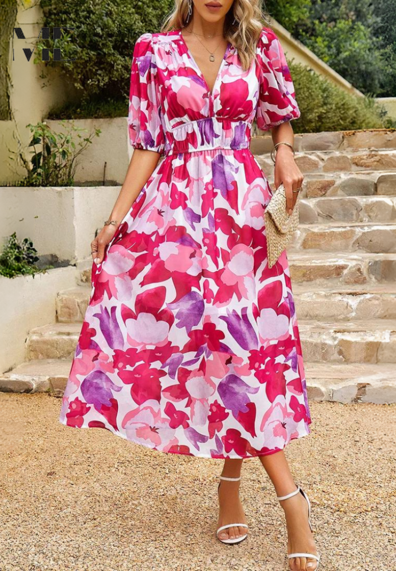Aroa | Vestido Midi de Invitada Estampado Floral Mujer Escote V