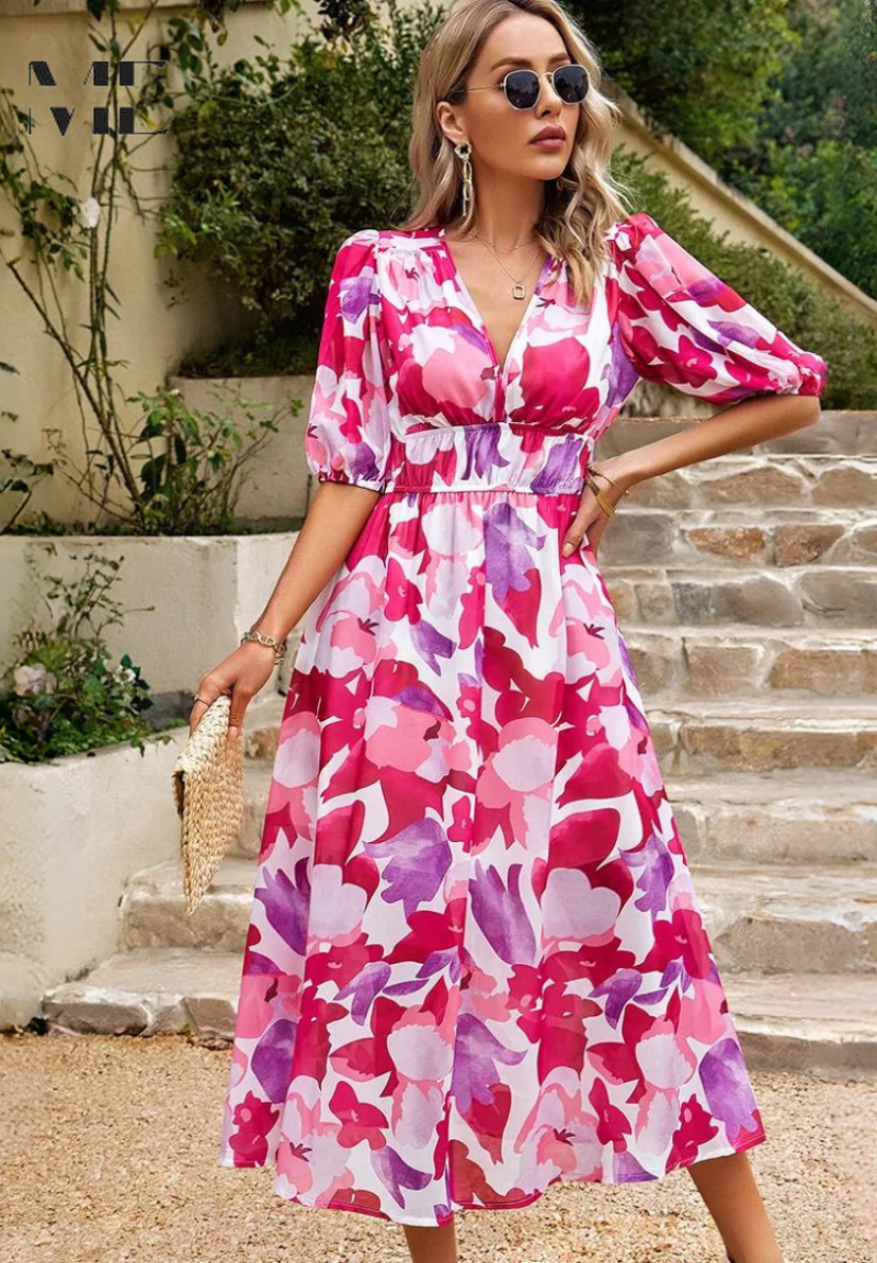 Aroa | Vestido Midi de Invitada Estampado Floral Mujer Escote V